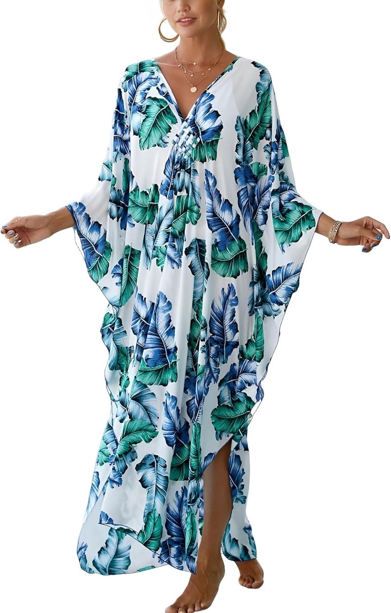 IMAGEKOPE Women's Plus Size Animal Print V-Neck Batwing Kaftan Beach Dress Bathing Suit Cover-Up Loungewear - Image 1